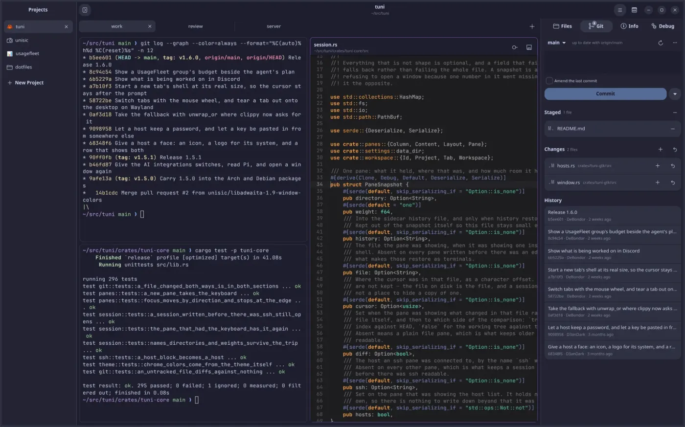Tuni: a project list, two shell panes, a Rust source file and the git panel side by side