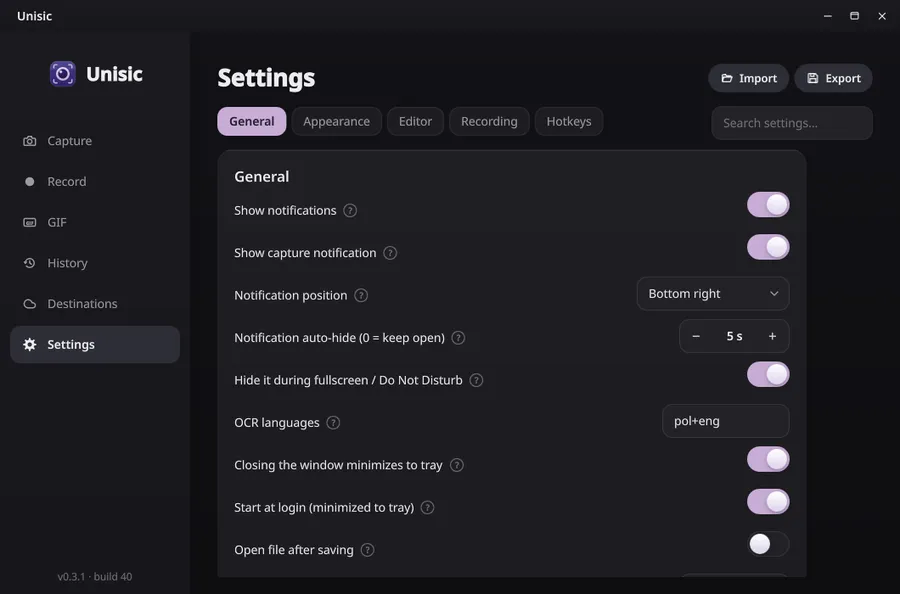 Unisic settings